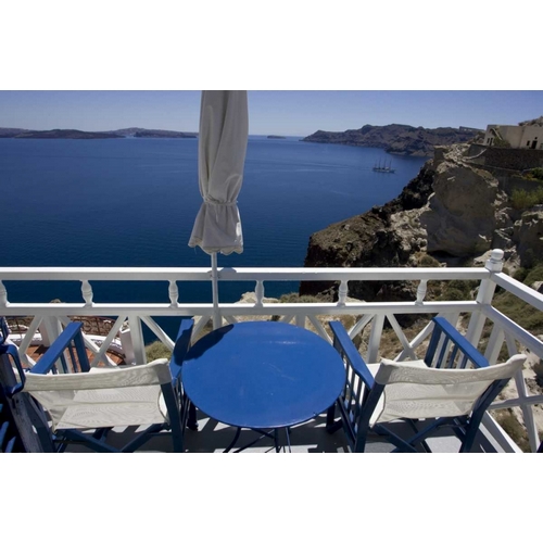 Greece, Santorini Balcony overlooking Aegean Sea